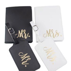 MR. & MRS. Leather Honeymoon Luggage Tags Set. Black, White & Gold. Brand New.
